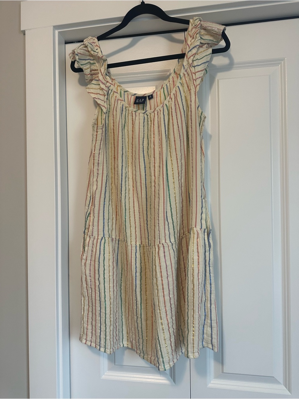 GAP Women's Rainbow Stripe Crinkle Gauze Drop Waist Flutter Sleeve Dress